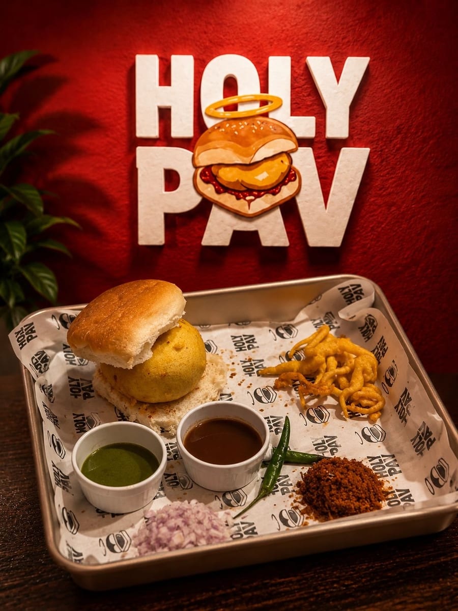 OG Vada Pav with green chutney, brown chutney, dry garlic chutney, and fried mirchi on a Holy Pav tray